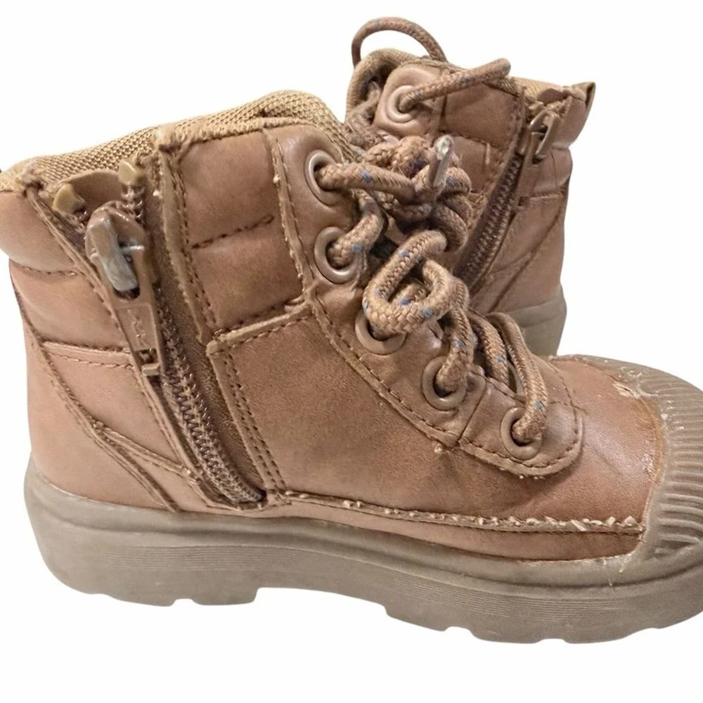 Cat & Jack‎ Boots Brown Faux Leather Lace Up Side Zip Toddler Kids Sz 7